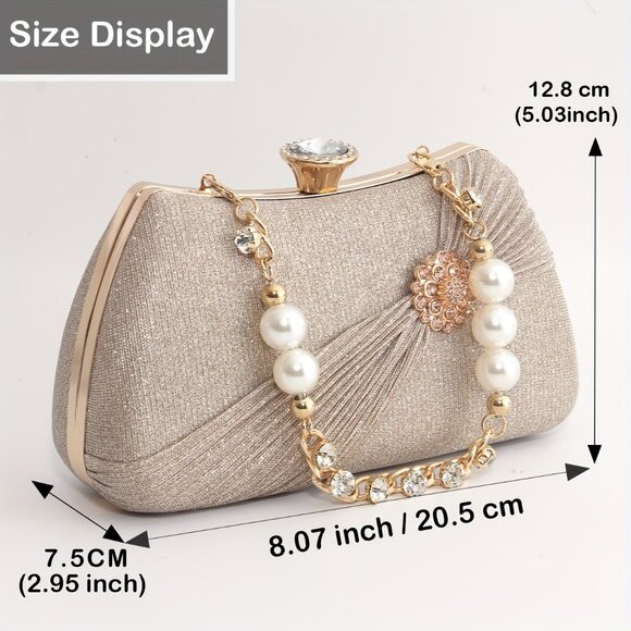Champagne Pleated Badge Bag Shiny Rhinestone Pearl Bracelet Clutch Crossbody - Picture 7 of 7